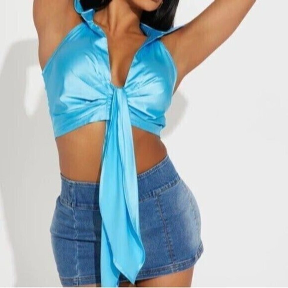 Trendy Front Drape Detail Vibrant Blue Satin Front tie top size S RefM024